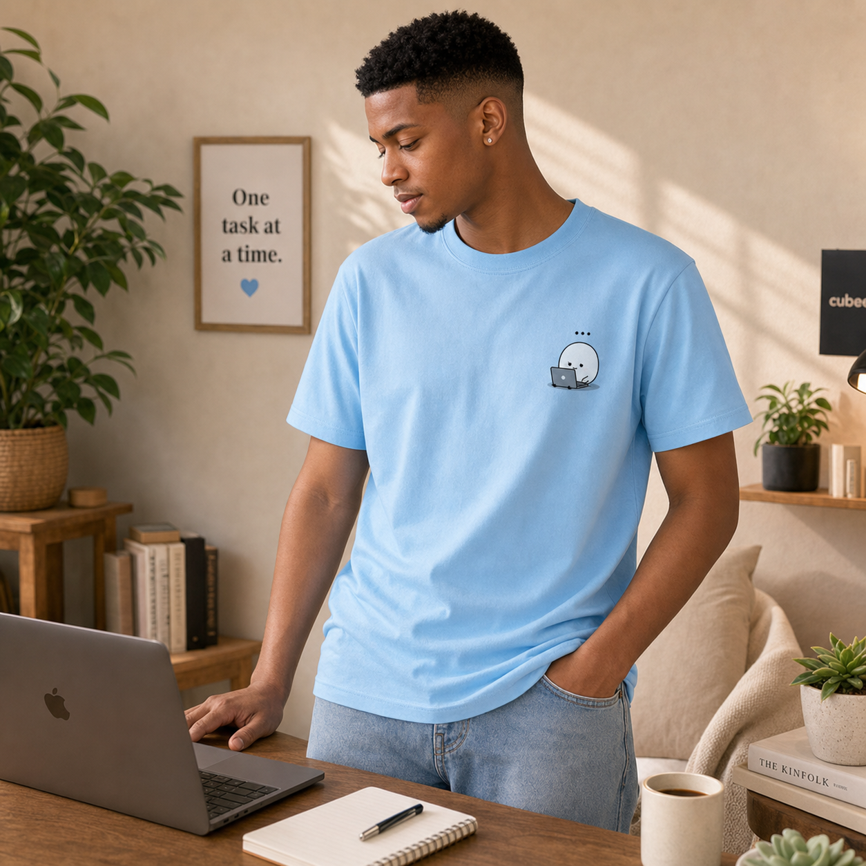 Model wearing a blue Cubee Still Loading tee