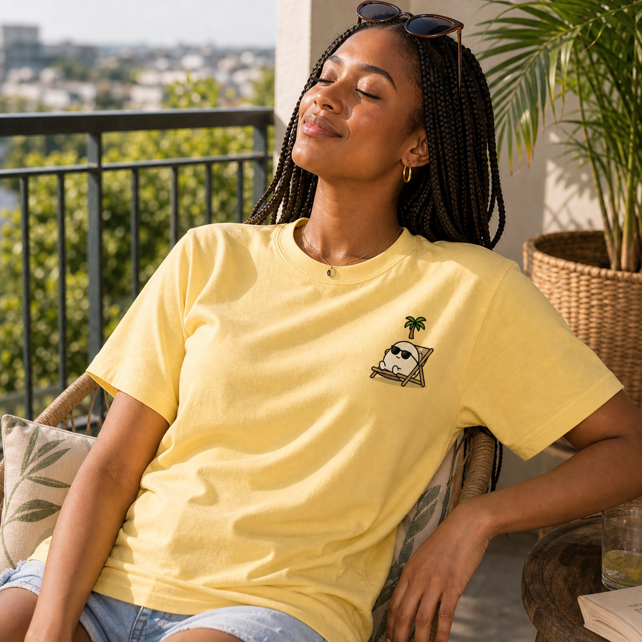 Model wearing a navy Cubee moodwear tee